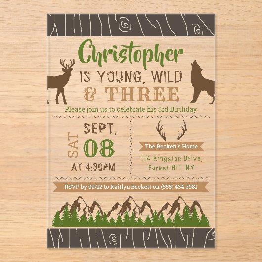 Jong Wild en Drie jongens Derde verjaardag Acryl Uitnodigingen (Voorkant)