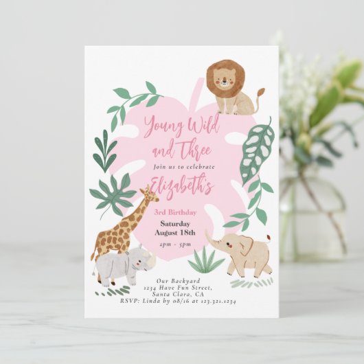 jong wild en drie meisje verjaardag uitnodiging (Staand voorkant)