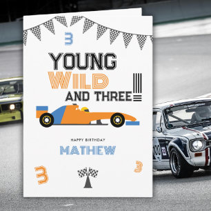 Jong, wild en drie raceauto 3de verjaardag kaart
