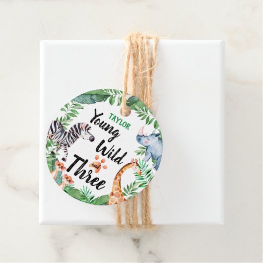 Jong wild en drie safari 3e verjaardagsfeest bedankjes labels (In situ)
