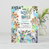 Jong wild en drie safari blauwe jongen verjaardag kaart (Staand voorkant)