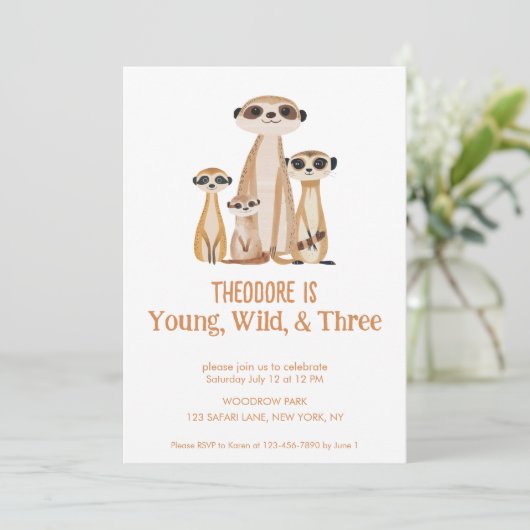 Jong Wild en Drie Schattige Meerkat Derde Verjaard Kaart (Staand voorkant)