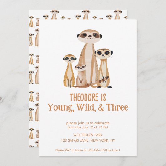 Jong Wild en Drie Schattige Meerkat Derde Verjaard Kaart (Voorkant / Achterkant)