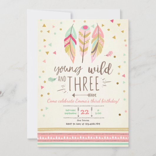 Jong wild en drie uitnodigen Meisje Roze Goud 3e Kaart (Voorkant)