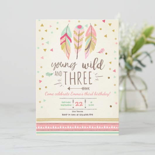 Jong wild en drie uitnodigen Meisje Roze Goud 3e Kaart (Staand voorkant)