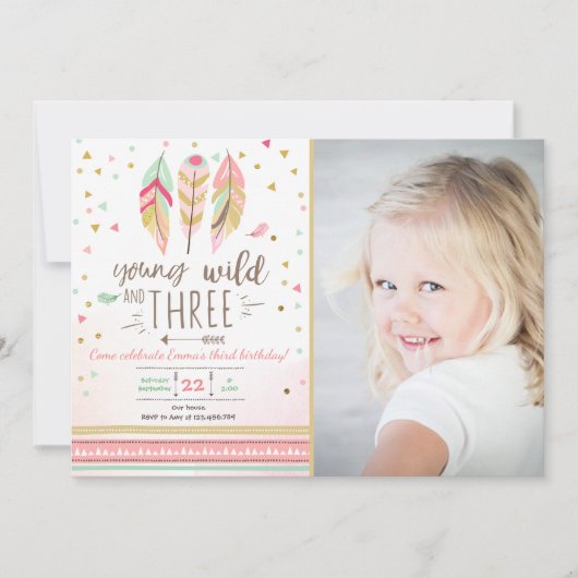 Jong wild en drie uitnodigen Meisje Roze Goud 3e Kaart (Voorkant)