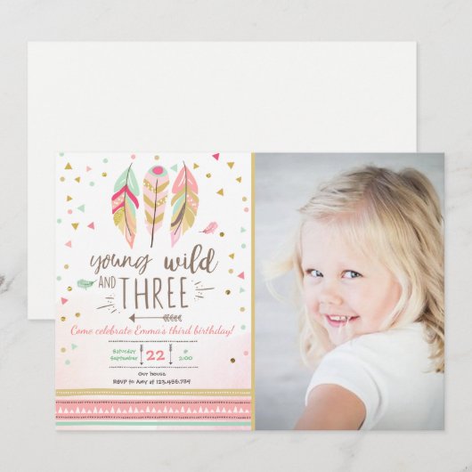 Jong wild en drie uitnodigen Meisje Roze Goud 3e Kaart (Voorkant / Achterkant)