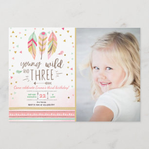 Jong wild en drie uitnodigen Meisje Roze Goud 3e Kaart