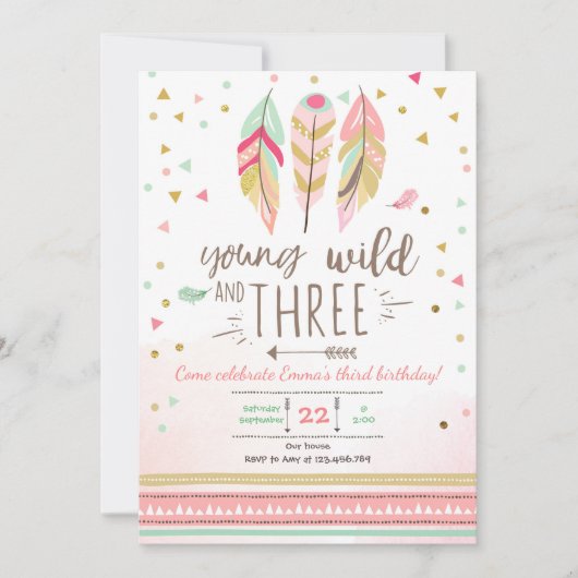 Jong wild en drie uitnodigen Meisje Roze Goud 3e Kaart (Voorkant)