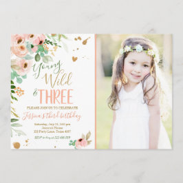 Jong Wild en Drie Verjaardag Floral Pink Gold Kaart