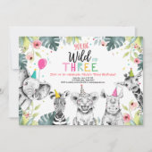 Jong Wild en drie verjaardag Safari Meisje Dieren Kaart (Voorkant)