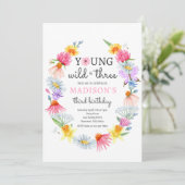 Jong wild en drie wilde bloem 3e verjaardagsfeest kaart (Staand voorkant)