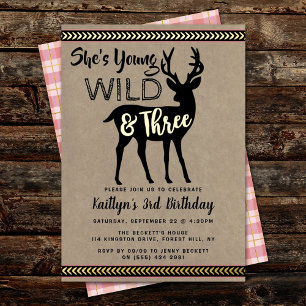 Jong Wild & Three Deer Girls 3e verjaardag Echt Folie Uitnodiging