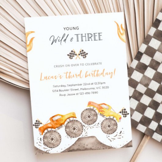 Jong, Wild & THREE Oranje Monster Truck 3de Verjaa Kaart