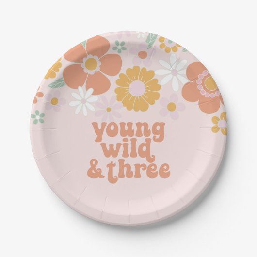 Jong Wilde Drie Retro Bloemen verjaardag Papieren Bordje (Voorkant)