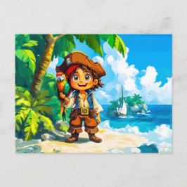 Jonge avonturier op Treasure Island met een papega Briefkaart