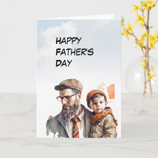 Jonge baard vader houdt zijn zoon Vaderdag Kaart (Gele Bloem)