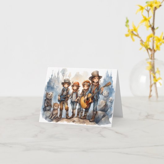 Jonge band Gitaren spelen Waterverf Paint Blank Kaart (Gele Bloem)