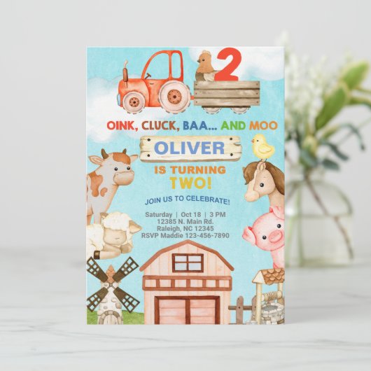 Jonge boerenjongen 2e verjaardag uitnodiging. kaart (Staand voorkant)