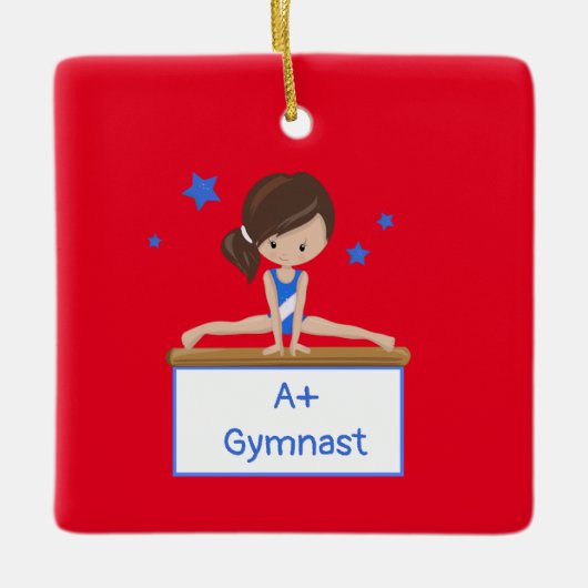 Jonge Brunette Gymnast Gepersonaliseerde Aangepast Keramisch Ornament (Voorkant)