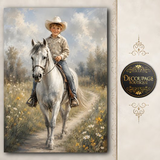 Jonge Cowboy op Witte Paard Decoupage Tissuepapier