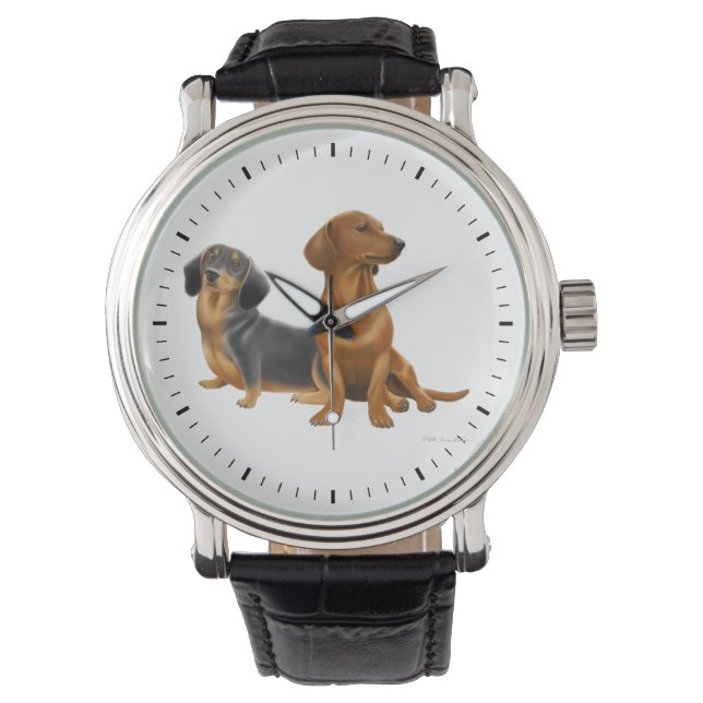 Jonge Dachshund Honden kijken Horloge (Voorkant)