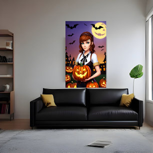 Jonge dame bruin haar met een pompoen   AI Art Poster