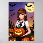 Jonge dame bruin haar met een pompoen | AI Art Poster (Voorkant)