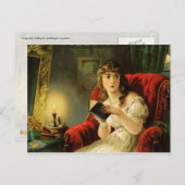 Jonge dame die per kaarslicht leest, zit in de ste briefkaart (Voorkant / Achterkant)