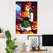 Jonge dame lang haar met een pompoen | AI Art Poster (Thuiskantoor)