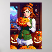 Jonge dame lang haar met een pompoen | AI Art Poster (Voorkant)