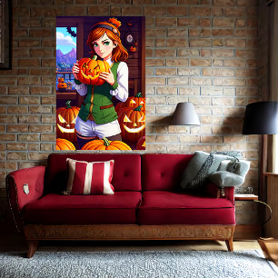 Jonge dame lang haar met een pompoen   AI Art Poster