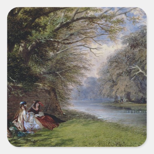 Jonge dames met een rivier vierkante sticker (Voorkant)