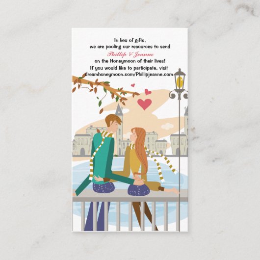 Jonge echtpaar droom huwelijksreis verzoek invoege informatiekaartje (Voorkant)
