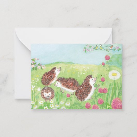 Jonge egels in de weide   notitiekaartje (Voorkant)
