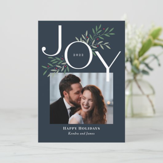 Jonge feestelijke kerstkaart met joy-fotokaartje (Staand voorkant)