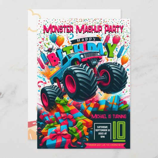 Jonge geitjes verjaardagsuitnodiging: Monster mash Kaart (Voorkant / Achterkant)