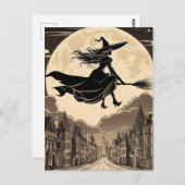 Jonge Halloween heks rijden een bezem over de stad Briefkaart (Voorkant / Achterkant)