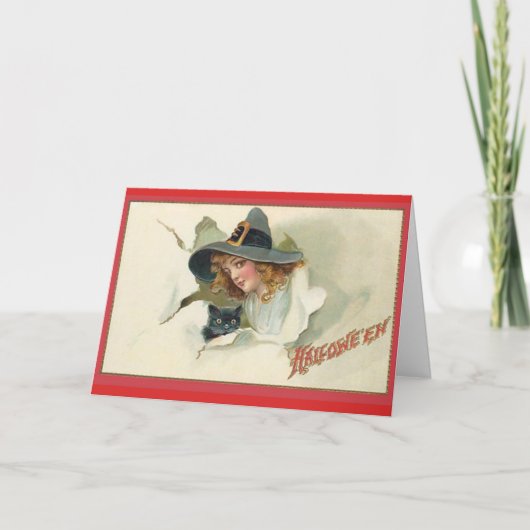 Jonge heek en zwarte kat - Halloween-kaart Kaart (Voorkant)