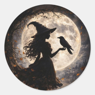 Jonge Heks en Raaf Halloween Schattig Ronde Sticker