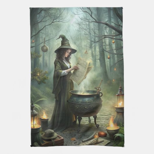 Jonge heks in mystiek bosritueel theedoek (Verticaal)