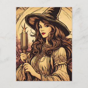 Jonge Heks met een Fackel, Vintage Halloween Briefkaart