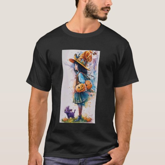 Jonge Heks Met JackOLanterns En Paarse Kat T-shirt (Voorkant)