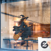 Jonge Heks Zit Wijdbeens op een Bezem Vector Kunst Raamsticker (Cafe Raam)