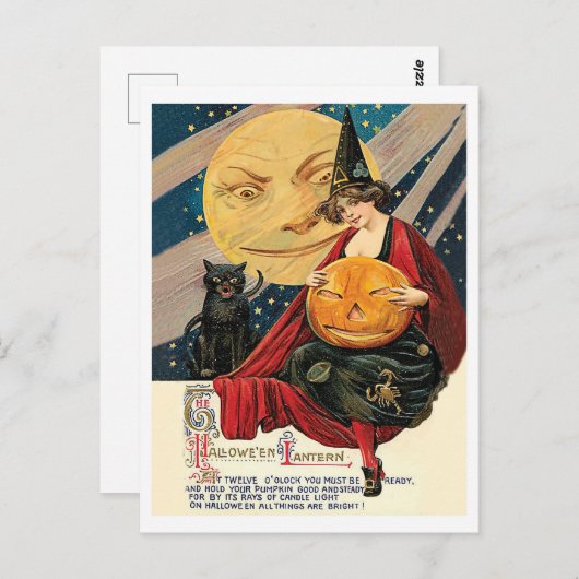 Jonge heksenvrouw houdt pompoen op volle maan briefkaart (Voorkant / Achterkant)