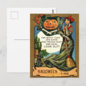 Jonge heksenvrouw met bezems en pompoen,  briefkaart (Voorkant / Achterkant)