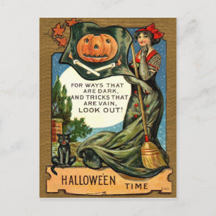 Jonge heksenvrouw met bezems en pompoen,  briefkaart