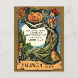 Jonge heksenvrouw met bezems en pompoen,  briefkaart