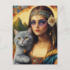 Jonge Hippie Mona Lisa en Haar Grijze Kat Briefkaart