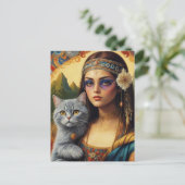 Jonge Hippie Mona Lisa en Haar Grijze Kat Briefkaart (Staand voorkant)